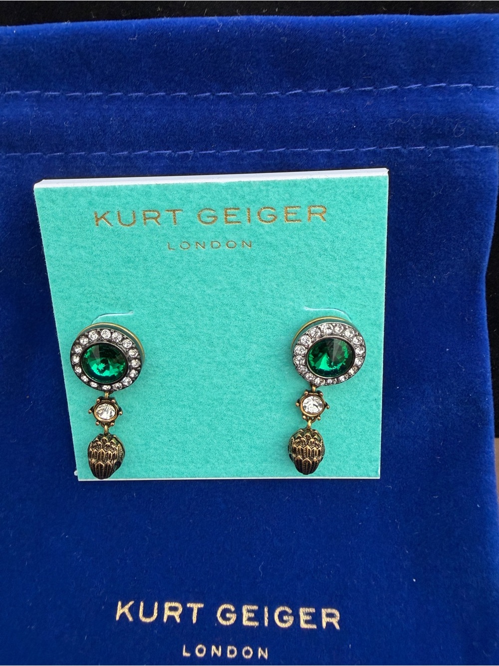 Kurt Geiger Gold-Tone Earrings with Emerald Green and Clear Crystals